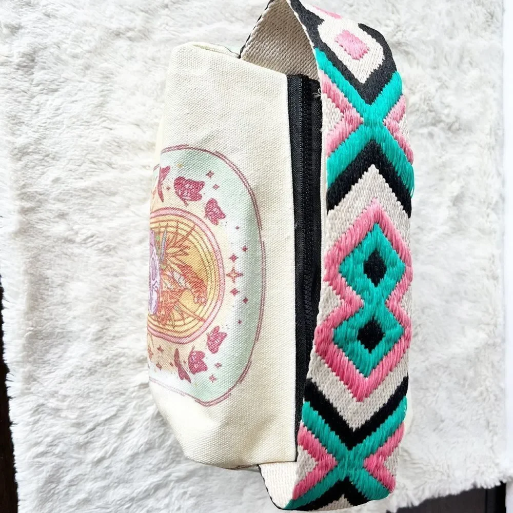 Light Yellow Skull Moon Tiger and Butterflies Stitched Handel Cosmetics Bag